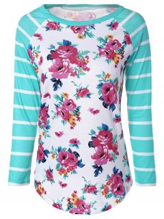 Fresh Stripe Floral Print Long Raglan Sleeve T-Shirt