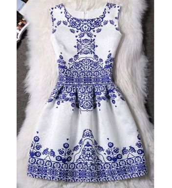 Elegant Round Neck Sleeveless Printed Jacquard Dress For Women