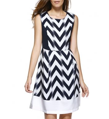 Fashion Zigzag Stripe Fit and Flare Sleeveless Dress For Women